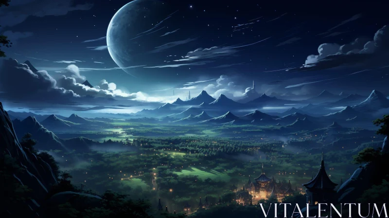 Night Valley Landscape with Stars and Moon AI Image