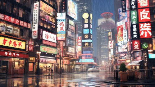 Rainy Japanese City Street with Neon Signs