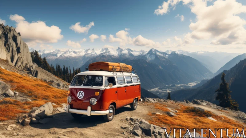 Red and White Volkswagen Bus on Mountain Road AI Image