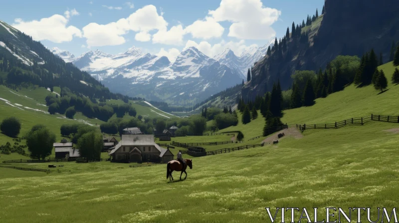 Riding a Horse in Mountain Valley AI Image