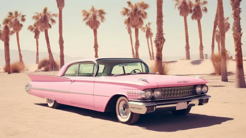 Vintage Pink Car in Desert Landscape - Nostalgic 1950s Model