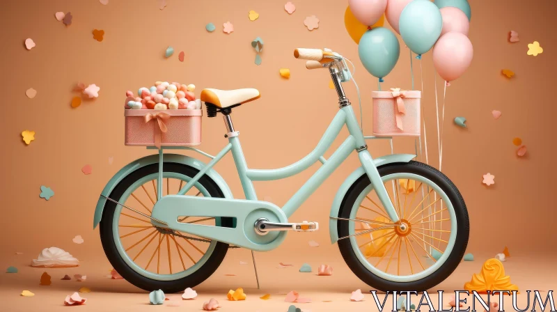 Whimsical 3D Child's Bicycle with Balloons and Confetti AI Image
