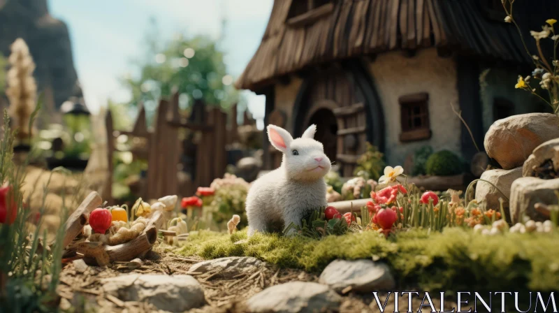 Whimsical White Rabbit in a Miniature Countryside - Dreamy Artistic Representation AI Image
