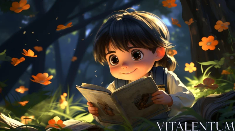 AI ART Young Girl in Forest Reading Book - Digital Painting