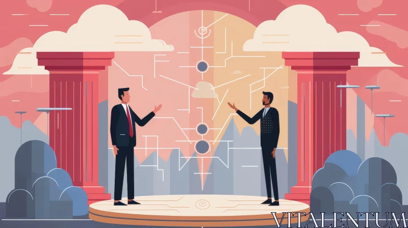 AI ART Businessmen Vector Illustration on Stage with Network Display