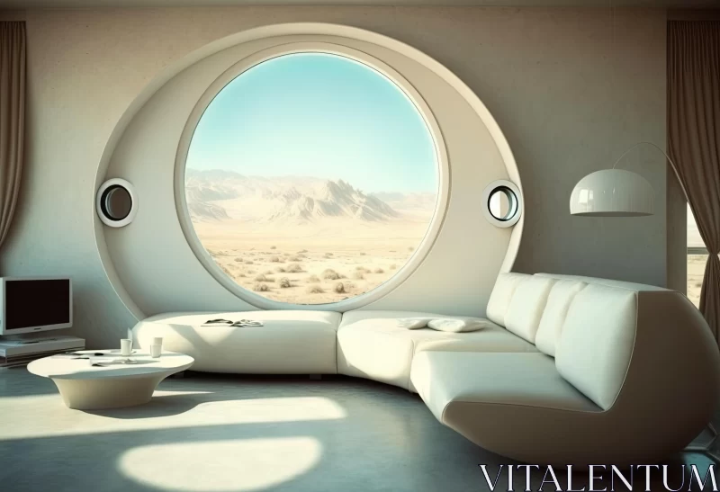 Captivating Futuristic Living Room with Circular Window and Desert View AI Image