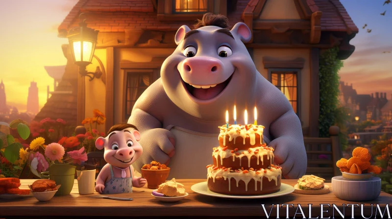Cheerful Cartoon 3D Rendering: Hippopotamus Chef and Mouse with Food AI Image