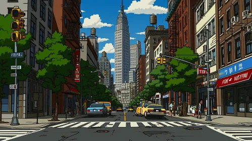 Cityscape Cartoon: New York City Street with Graffiti