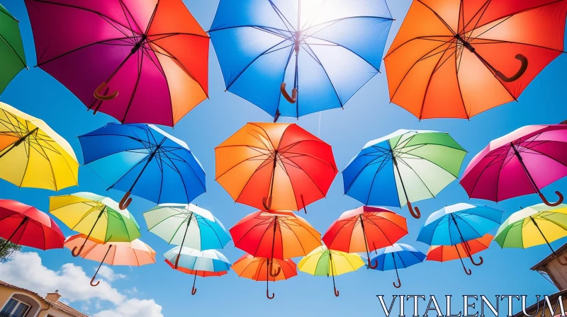 Colorful Umbrellas Against Blue Sky | Sunlight Filtering Through AI Image