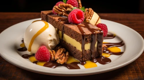 Decadent Chocolate Cake Dessert with Raspberries and Vanilla Ice Cream