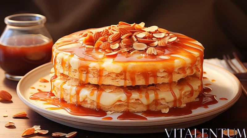 Delectable Two-Tiered Cake with Caramel Frosting and Almond Slices AI Image