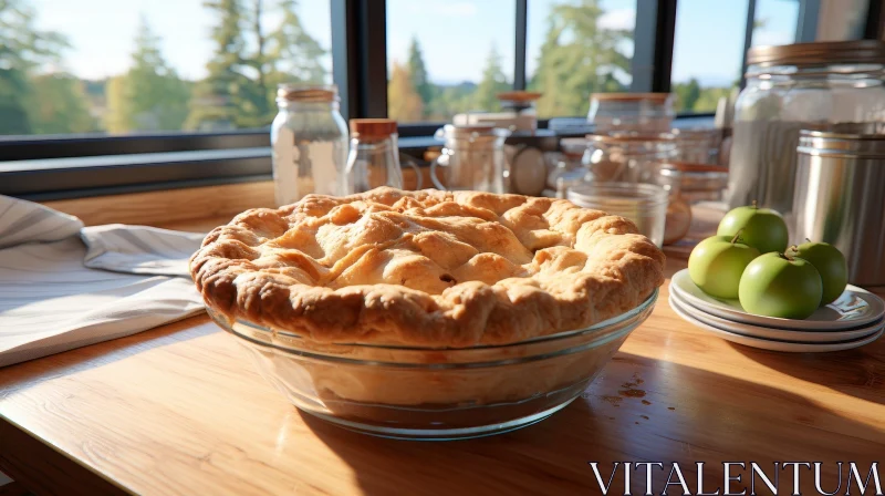 Delicious Apple Pie on Wooden Table with Forest View AI Image
