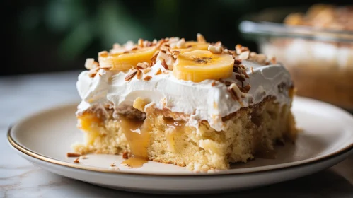 Delicious Banana Cake Slice with Whipped Cream and Nuts