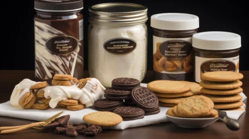 Delicious Cookie Spreads and Cookies on Wooden Table