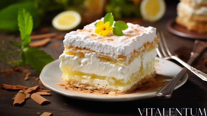 Delicious Lemon Meringue Pie Slice on White Plate AI Image
