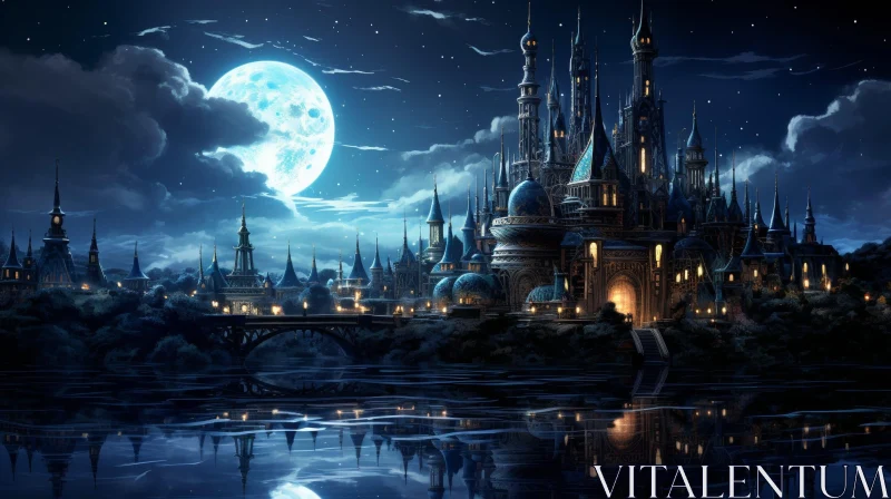 Enchanting Fantasy Castle with Full Moon at Night AI Image
