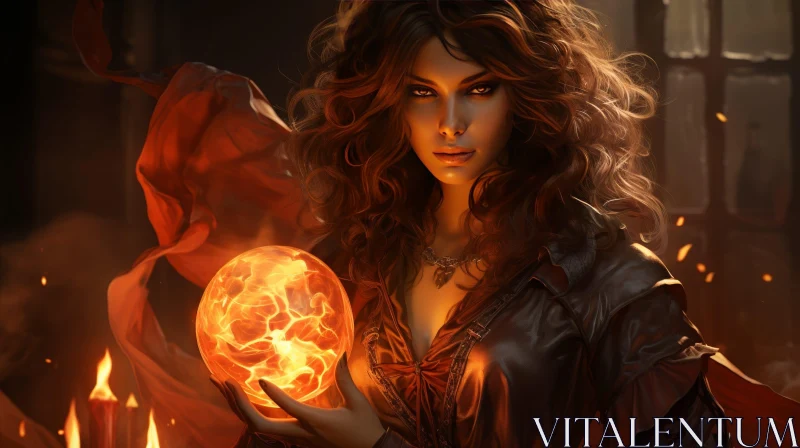 Enigmatic Woman Portrait with Fireball AI Image