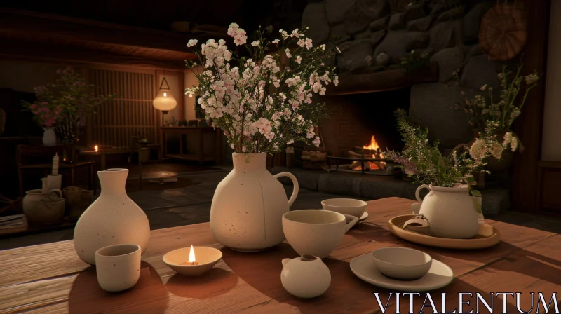 Japanese Tea Table Still Life: Exquisite Ceramics and Delicate Blossoms AI Image