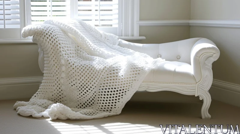 Luxurious White Crocheted Blanket on Chaise Longue in Sunlit Corner AI Image