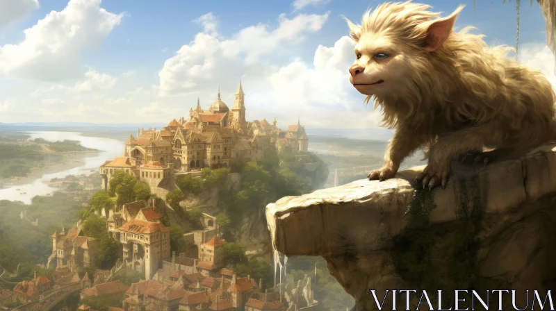 Majestic Fantasy Landscape with Creature and City AI Image