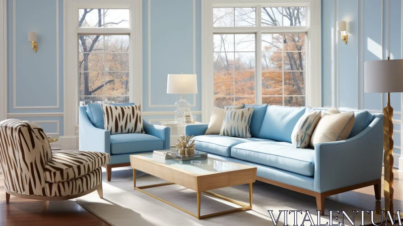 Modern Living Room with Blue and White Decor AI Image