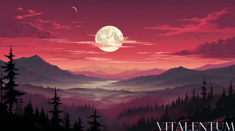 Night Mountain Range Landscape with Full Moon AI Image