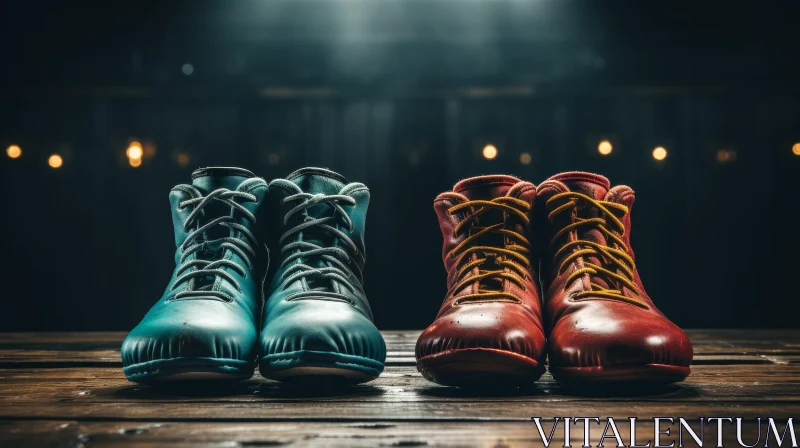 AI ART Red and Blue Boxing Boots on Wooden Floor