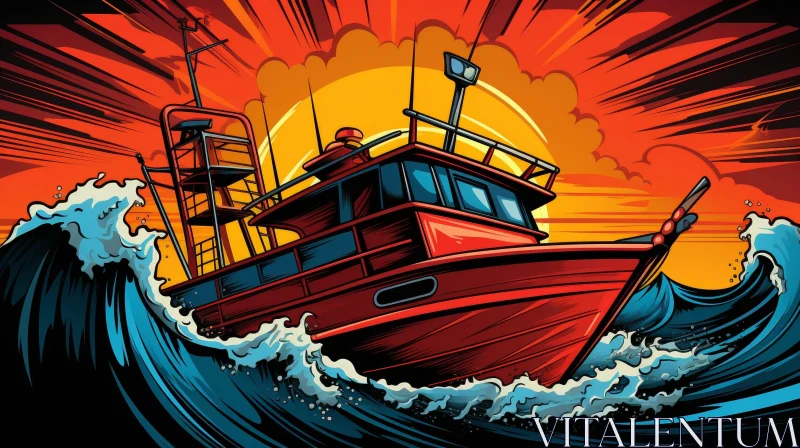 Red Fishing Boat Cartoon Illustration on Rough Sea AI Image