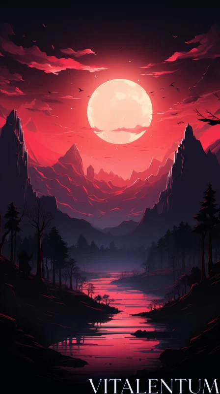 AI ART Red Moonlit Landscape - Mysterious Nature Scene