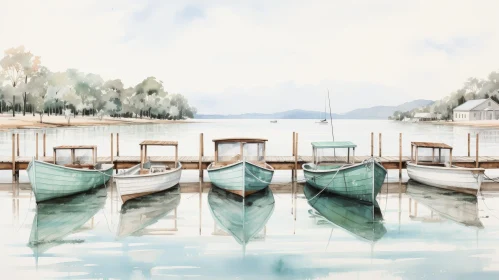 Tranquil Watercolor Painting of Colorful Boats on a Dock
