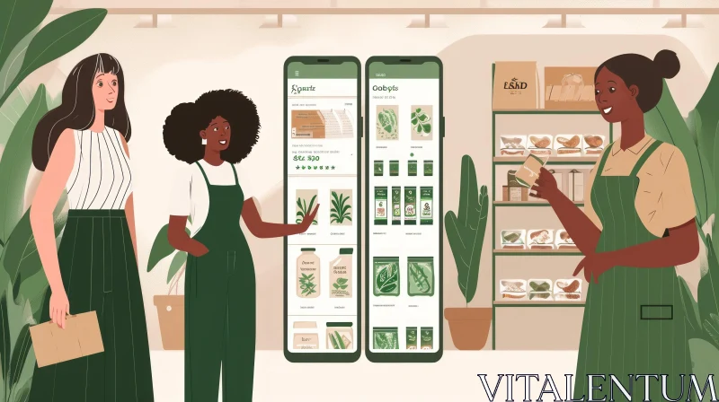 Two Women in a Grocery Store: Organic Products on a Smartphone App AI Image