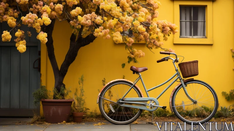 Vintage Bicycle in Front of Yellow Wall with Bougainvillea AI Image