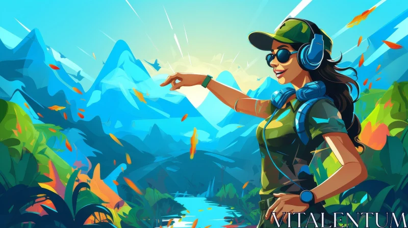 Young Woman Cartoon Illustration in Mountain Landscape AI Image