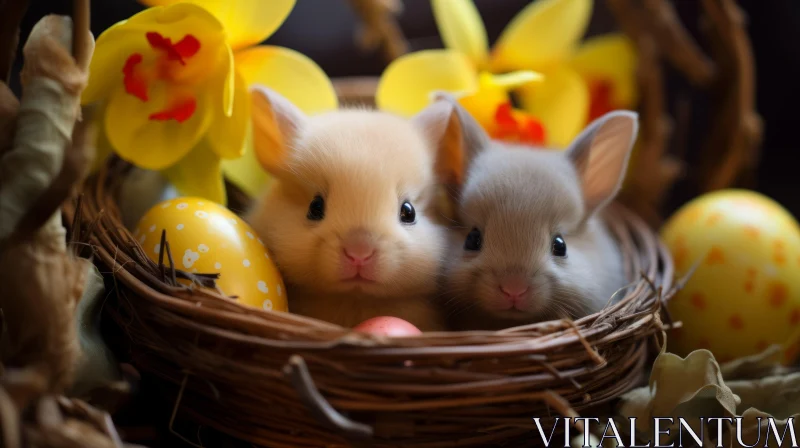 Adorable Easter Bunnies in a Basket with Colored Eggs AI Image