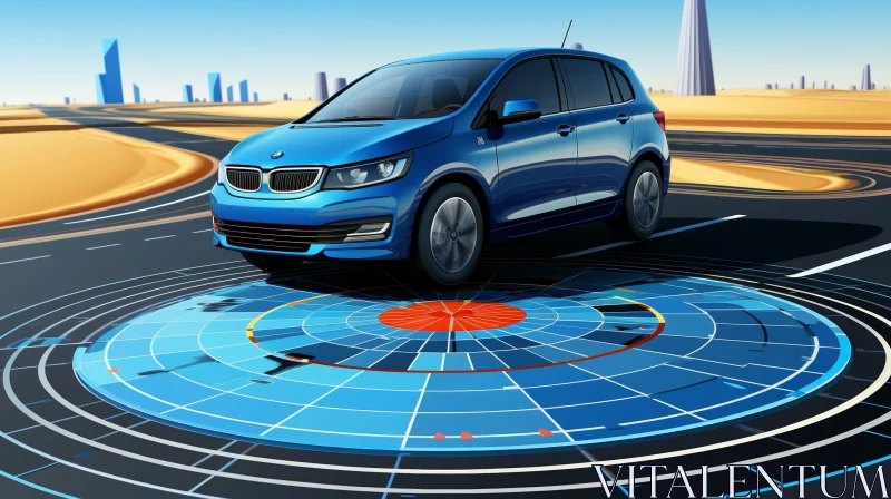 Blue Car on Desert Road with Unique Circle Pattern AI Image