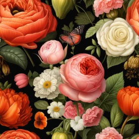 Dark Floral Pattern with Roses, Peonies, and Lilies