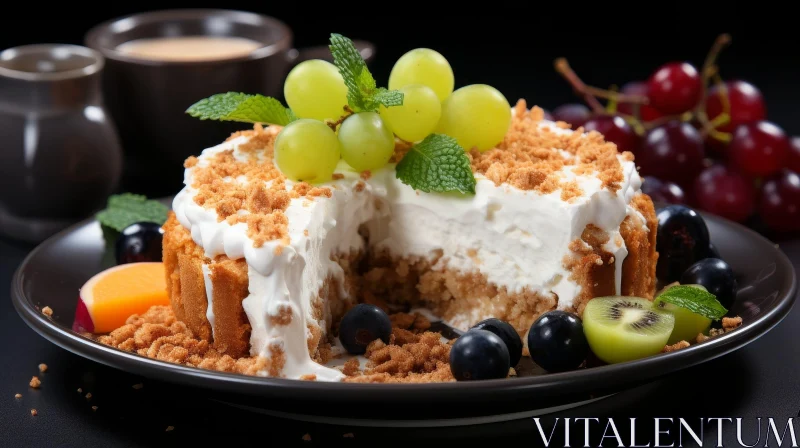 Exquisite Cake with Grapes and Mint Leaves on Black Plate AI Image