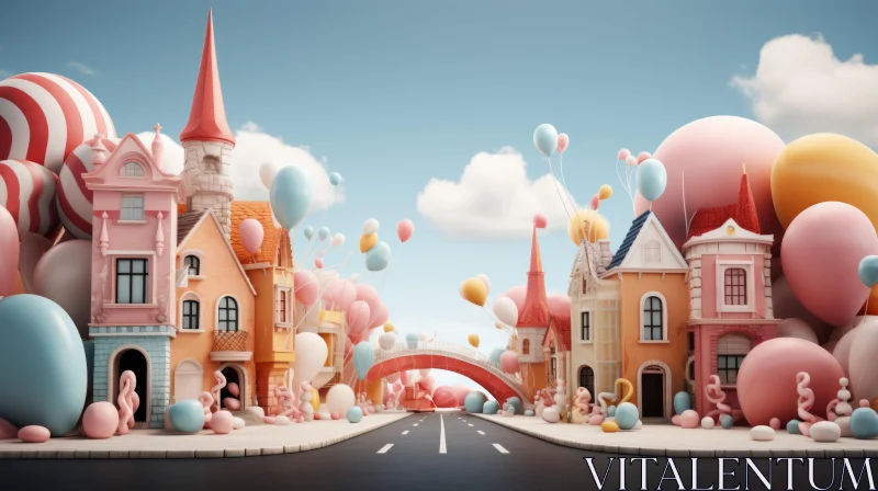 AI ART Fantastical Cityscape with Colorful Balloons and Candy - 3D Render