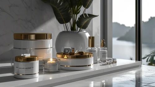 Luxurious Bathroom Counter with Plant and Beauty Products