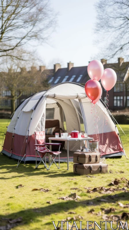 Naturecore Festivity: Pink Tent in Countryside with Balloons AI Image