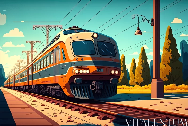 Orange Train in the Mountains - Cartoon Realism Art AI Image
