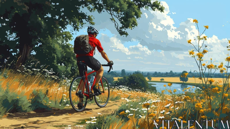 Scenic Cycling Adventure: Cyclist on Rural Road AI Image