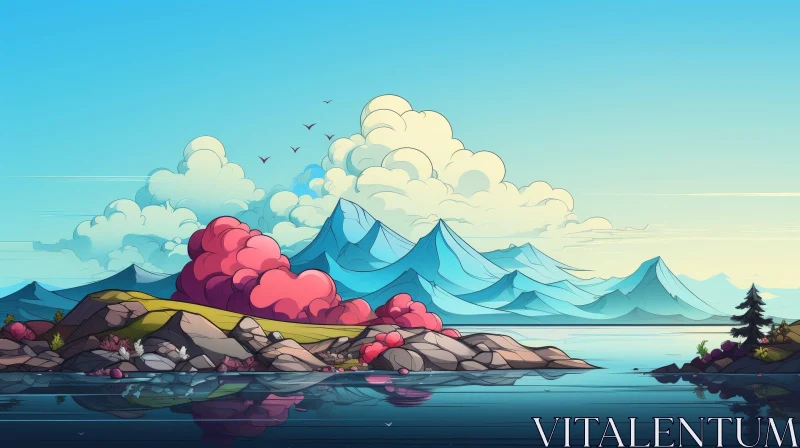 Serene Mountain Landscape in Cartoon Style AI Image