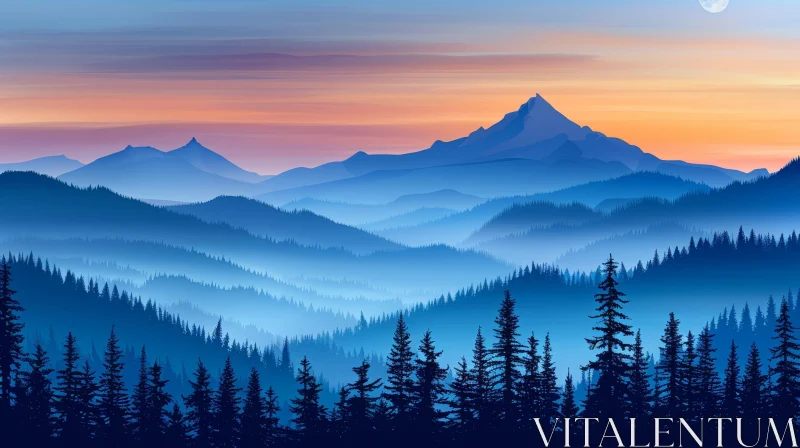 Tranquil Mountain and Forest Sunset Scene AI Image