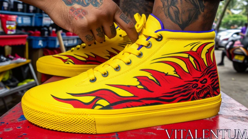 Tying Yellow Sneakers with Flame Pattern - Close-up Shot AI Image