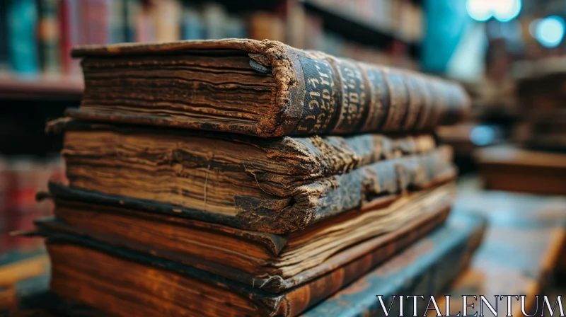 Vintage Stack of Old Books on Wooden Table AI Image