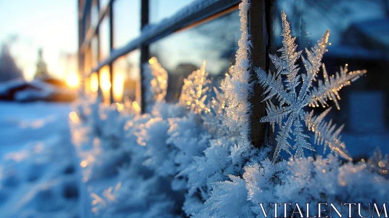 Winter Window: A Close-up Perspective of Frost and Snow AI Image