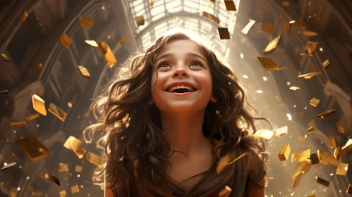 Young Girl in Brown Dress with Golden Confetti Shower