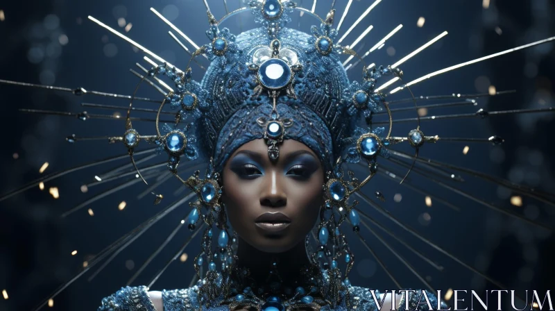 AI ART African Woman in Blue and Gold Traditional Headdress