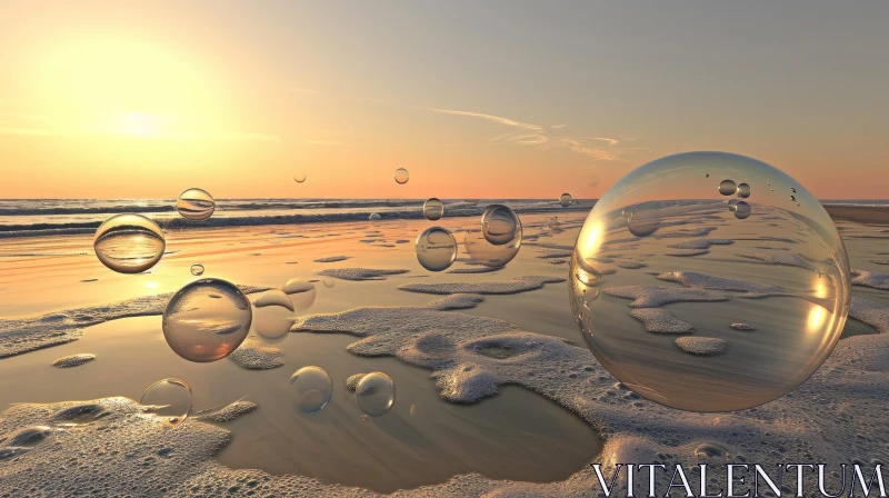 Captivating Sunset Seascape with Glass Spheres on Beach AI Image